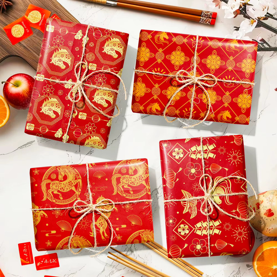 Set mit 12 Stück Geschenkpapier mit chinesischem Neujahrspferd-Muster in Rot für deine Neujahrsparty-Dekoration - Bild 2