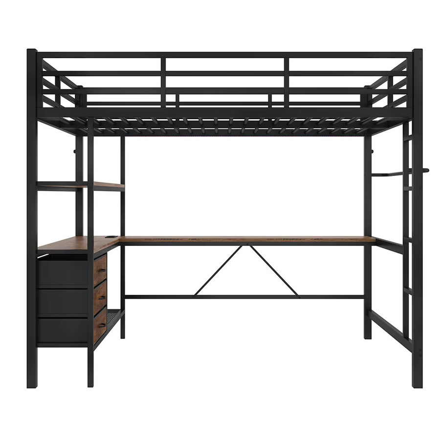 KOMHTOM Hochbett mit LED-Beleuchtung, Schreibtisch, USB-Ladestation, 3 Schubladen, Regalen und Treppe in Schwarz, B/T/H: 140 x 200 cm, ohne Matratze - Bild 5