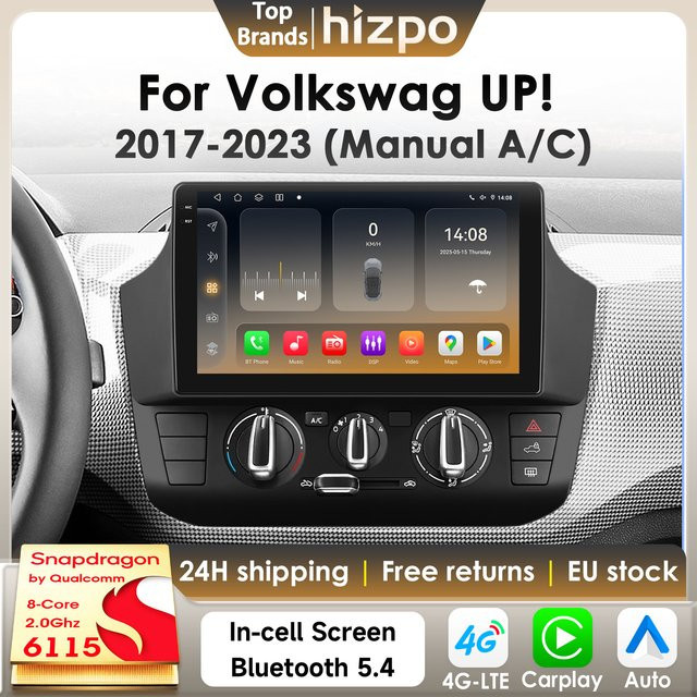 Hizpo Android 14 Autoradio für Volkswagen UP 2017–2023 mit Snapdragon 6115, kabelloses CarPlay, Bluetooth, GPS und 4G, Farbe: Schwarz - Bild 1