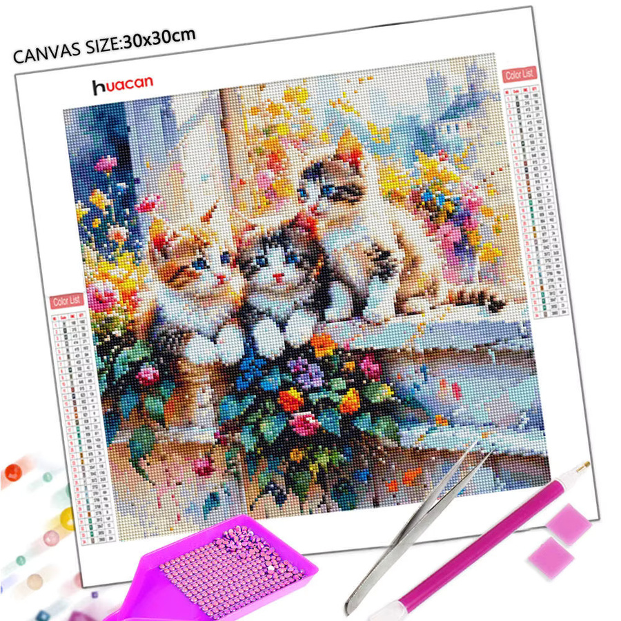 Huacan DIY Diamantmalerei Set Katze mit Blumen als Mosaik-Tierdekor in Multicolour, Breite: 20 cm, Höhe: 20 cm - Bild 2