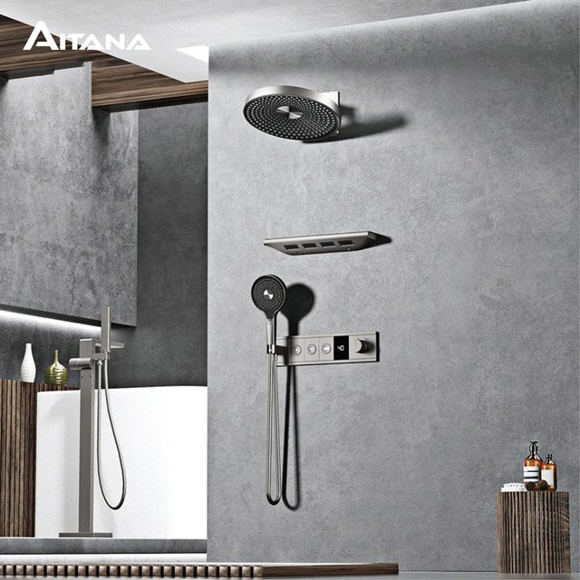 Aitana Duschsystem aus Messing in Gunmetal-Optik mit LED-Digitalanzeige, Regenduschkopf und 3 Funktionen zur Wandmontage - Bild 1