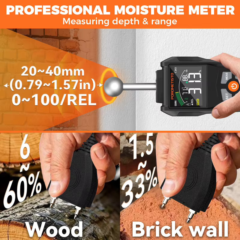 POROMETISTO WTS01/WTS01Pro 2IN1 Digitales Holzfeuchtemessgerät mit Pin und Pinless Messmethode, Feuchtigkeitstester 0 bis 99,9 % mit LCD-Display und Hygrometer - Bild 4