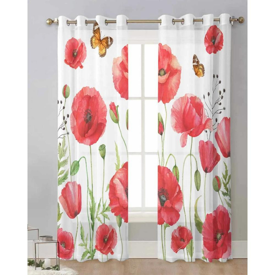 Yiran Furniture Transparente Voile-Vorhänge mit rotem Mohnblumenmotiv in Aquarell-Optik, Breite: 135 cm, Höhe: 115 cm - Bild 3