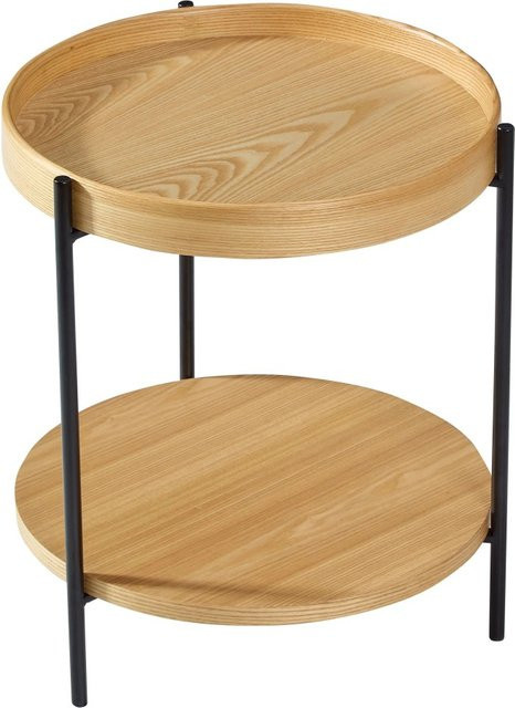 okwish Couchtisch aus Massivholz und Metall, 2-stöckiger Rundtisch für dein Wohnzimmer, Farbe: Natur, Durchmesser: 44 cm, Höhe: 48 cm - Bild 1
