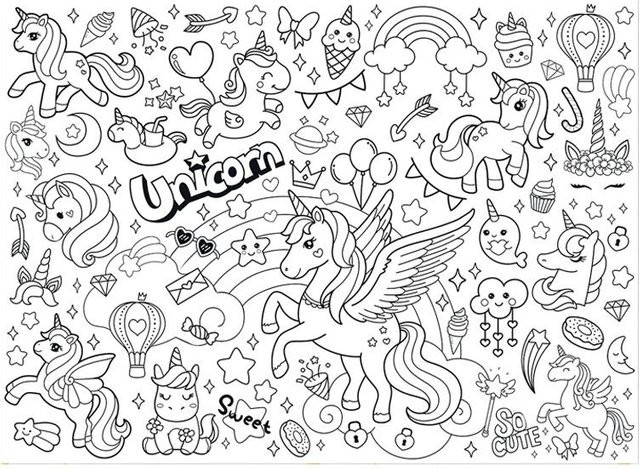 Binchi Outdoor Product Einhorn Malposter für Kinder als große Mal-Tischdecke, Grau/Weiß, B: 110 cm, H: 80 cm - Bild 1