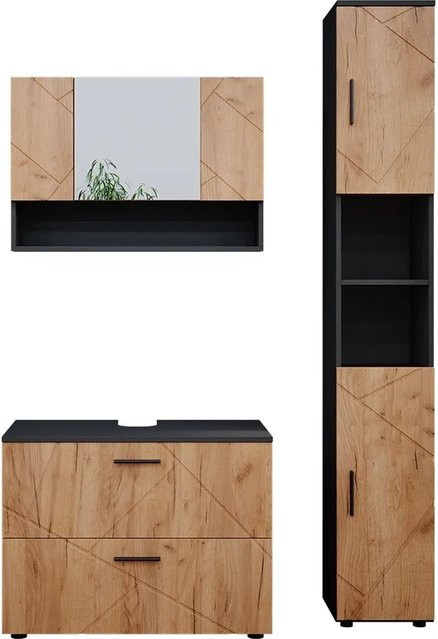 Vicco Badmöbelset Irma in Anthrazit und Eiche, modernes 3-teiliges Badezimmer-Set mit Spiegelschrank und Waschtischunterschrank - Bild 2