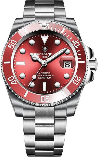 LIGE Armbanduhr, Automatik, Edelstahl, Rot, Silber, Herren, 100 ATM - Bild 1