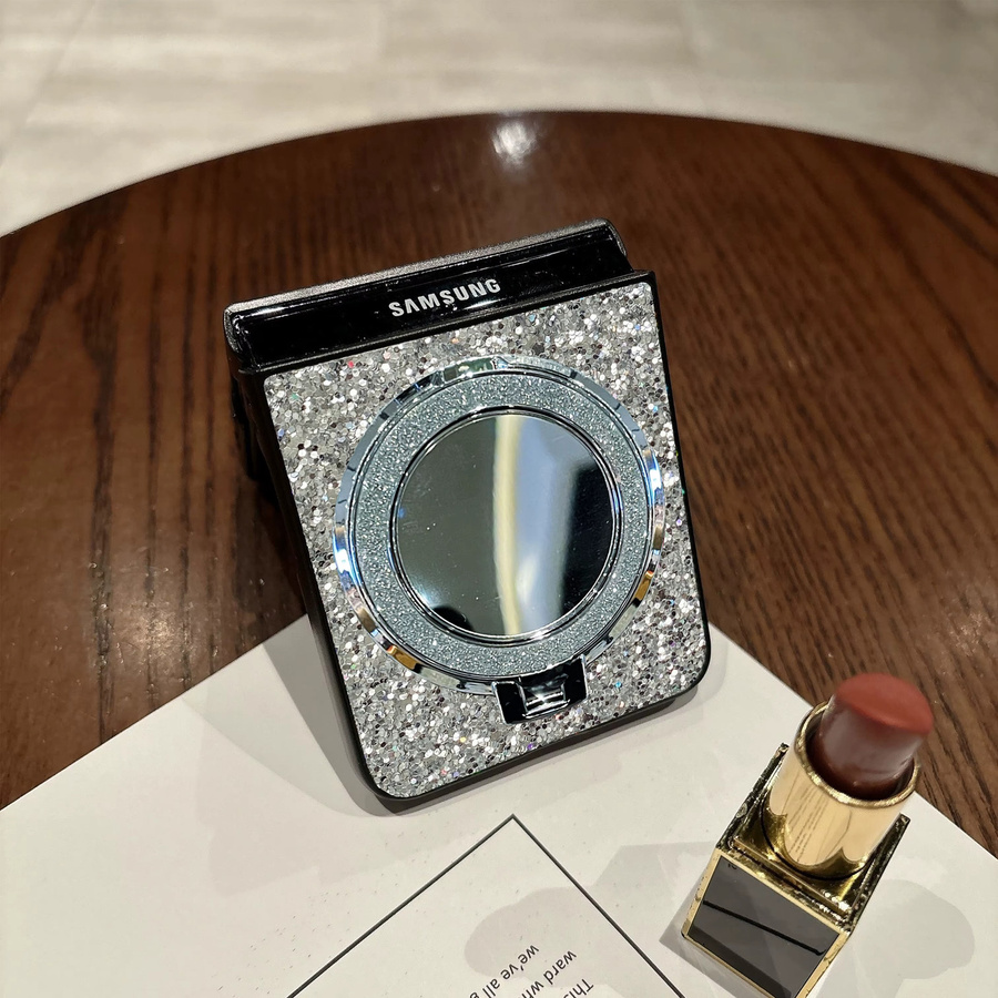 Luxuriöse Glitzer-Kunstleder-Handyhülle für Samsung Galaxy Z Flip 7 6 5 4 3 mit Make-up-Spiegel und Handyhalterung in Weiß und Silber - Bild 2
