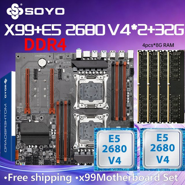 SOYO X99 Dual Gaming Motherboard Kit mit 2x Intel E5 2680 V4 CPUs, 32GB DDR4 RAM und NVMe/M.2 Support, Schwarz - Bild 1