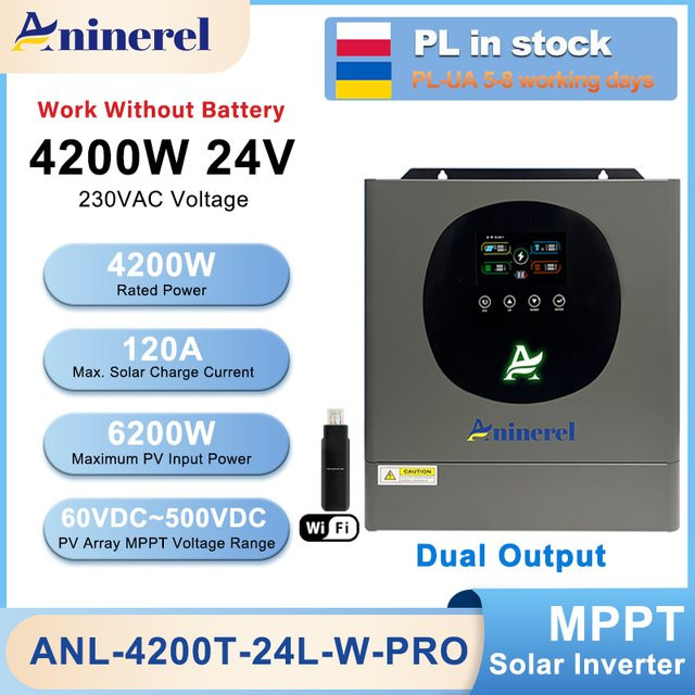 Aninerel Hybrid-Solarwechselrichter 4,2KW 24V mit Doppelausgang, MPPT 120A, 500VDC, Farb-LCD-Display und WLAN, Grau - Bild 1