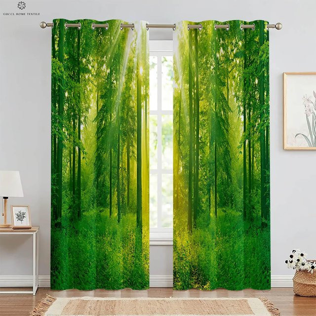 Yiran Furniture 3D-bedruckte Vorhänge mit nebligem Waldgrün und Herbstwald Motiv, 2er-Set, halbtransparent, Farbe: Grün, B: 50 cm, H: 130 cm - Bild 1