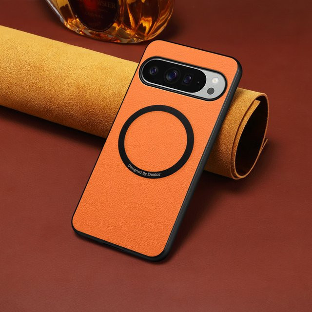 Litchi Magnetische Leder-Handyhülle mit MagSafe für Google Pixel 10/9/8/7/6, Stoßfeste Anti-Fall-Abdeckung mit kabellosem Laden und Autohalterung, Farben: Lila und Orange - Bild 1