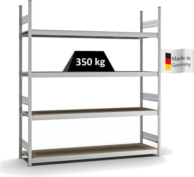 PROREGAL Weitspannregal Stecksystem T-Profil in Silber, verzinkt, mit 4 Ebenen Spanplatten Fachböden, H x B x T: 250 x 225 x 50 cm - Bild 1