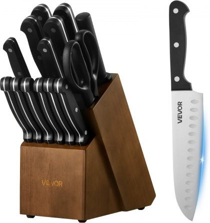 VEVOR 15-tlg. Küchenmesserset aus hochkohlenstoffhaltigem Edelstahl mit Holzblock und Wetzstahl in Schwarz und Silber - Bild 1