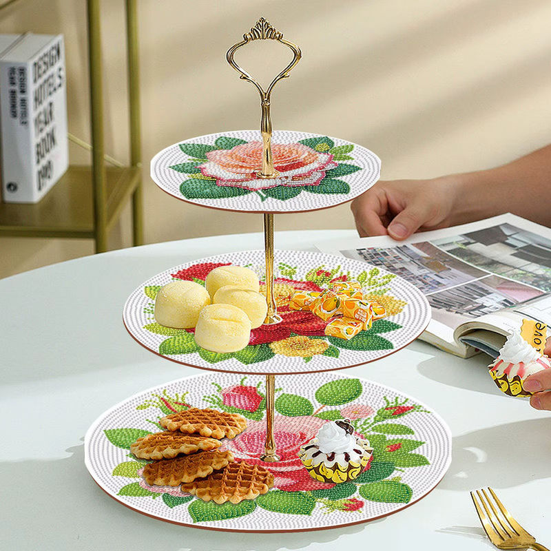 3-lagiges Diamant-Kunst-Kuchenregal Set mit floralem Rosenmuster in Rosa und Mehrfarbig aus Kunststoff - Bild 4