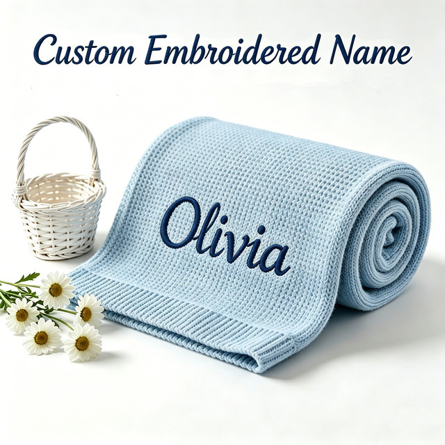 NanBeiCat Babydecke aus 100% Baumwolle in Blau, personalisierte gestrickte Puckdecke für Neugeborene - Bild 1