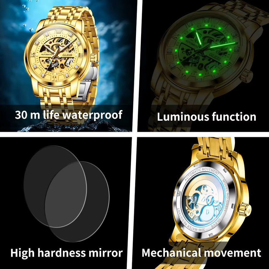 OLEVS Armbanduhr Automatik, Edelstahl, Bicolor, Gold, Herren - Bild 5