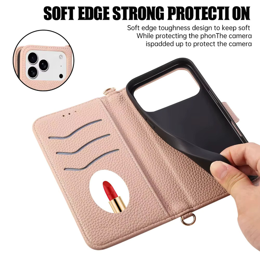 Beige Flip-Lederhülle für Apple iPhone mit Spiegel, Geldbörse und Kartenhalter als Crossbody-Telefonhülle - Bild 2