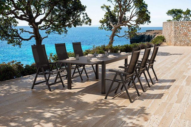 Kettler BasicPlus Garten-Essgruppe aus Aluminium und Textilene mit Spraystone-Glas in Anthrazit und Schwarz, Tisch ausziehbar B: 160-260 cm, T: 100 cm und 6 Klappstühle - Bild 1
