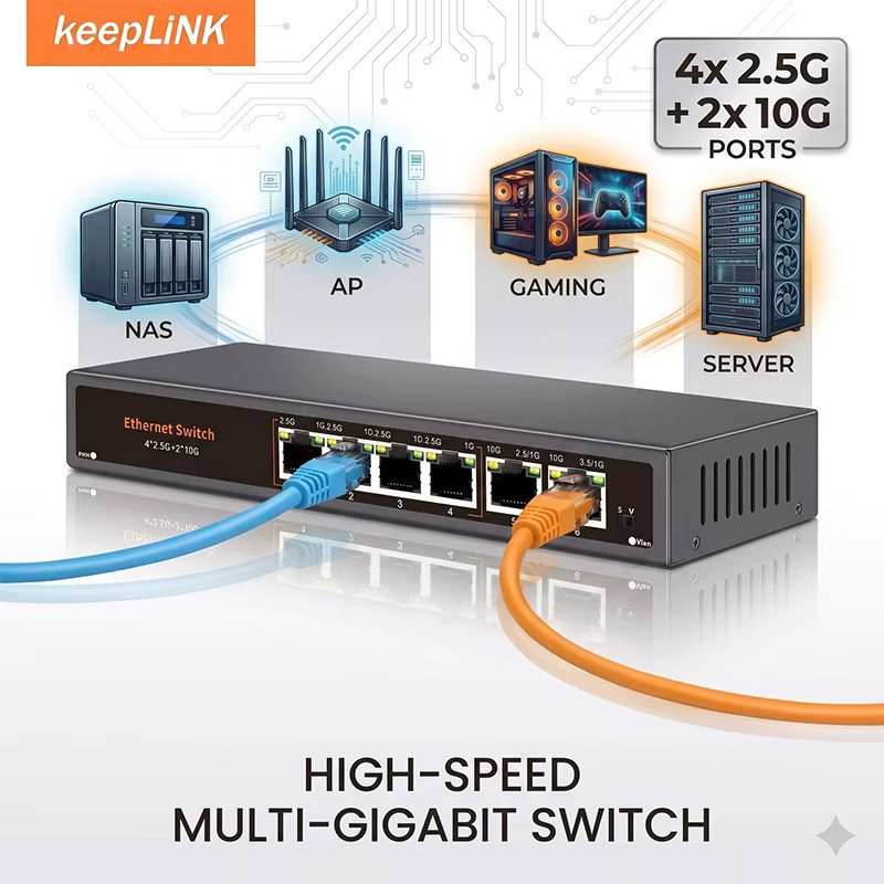 KeepLiNK 6-Port Unmanaged Multi-Gigabit Netzwerk-Switch mit 2.5G und 10G RJ45 Ethernet-Anschlüssen in Schwarz - Bild 3
