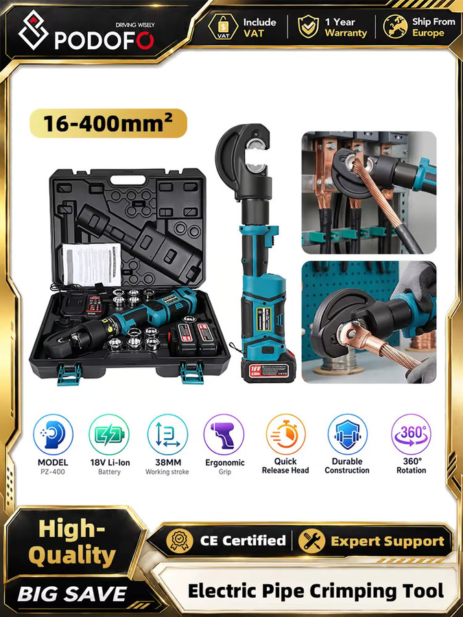 Podofo PZ-400/LS-300 Wiederaufladbare Elektrische Hydraulikzange Blau mit 2 Akkus für 16-400mm² Edelstahlrohre und Drähte - Bild 8