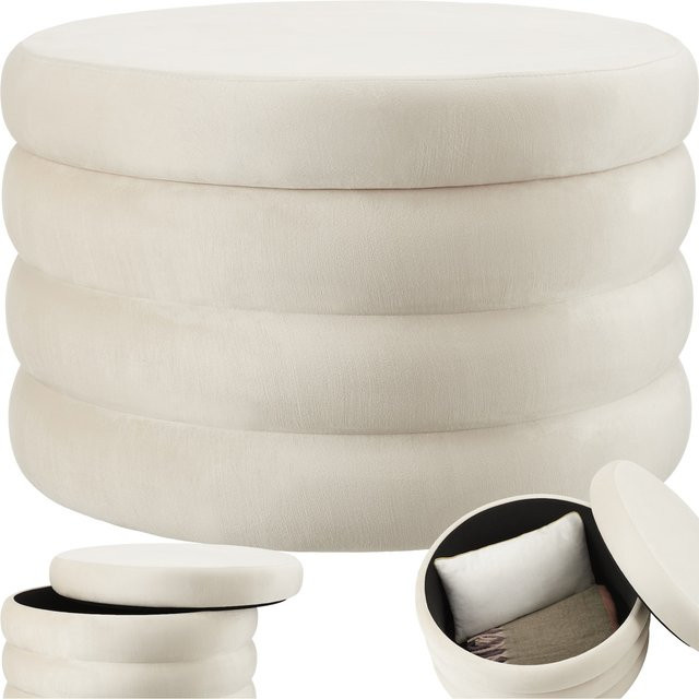 tectake Sitzhocker mit Stauraum Altu XL rund in Samtoptik Creme Weiß B/T/H: 67 x 67 x 42 cm - Bild 1