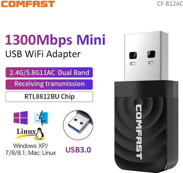 Comfast USB 3.0 WLAN-Adapter Dualband 2,4 GHz & 5 GHz 1300 MBit/s AC WLAN-Empfänger in Schwarz - Bild 1