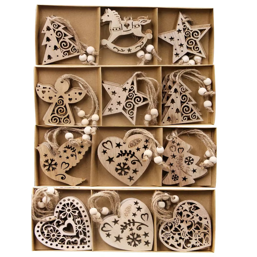 Tissy 12er Set hölzerne Weihnachtsanhänger aus Naturholz mit Sternen, Engeln und Bäumen für DIY Bastelarbeiten und Baumschmuck - Bild 3