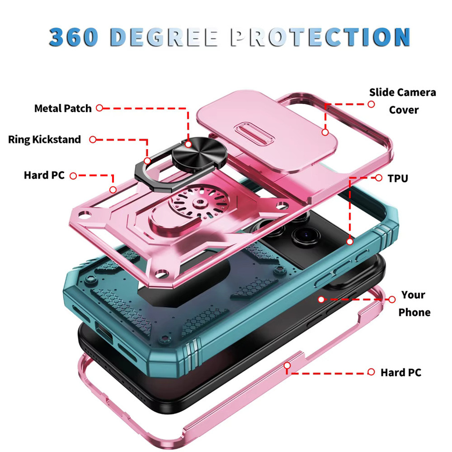 SZMUGUA Handyhülle mit 360-Grad-Ringhalterung und Schiebekamera-Schutz für iPhone 17 Air 16 16E 15 14 Plus 13 12 11 XS X XR Pro Max in Pink und Grün - Bild 2