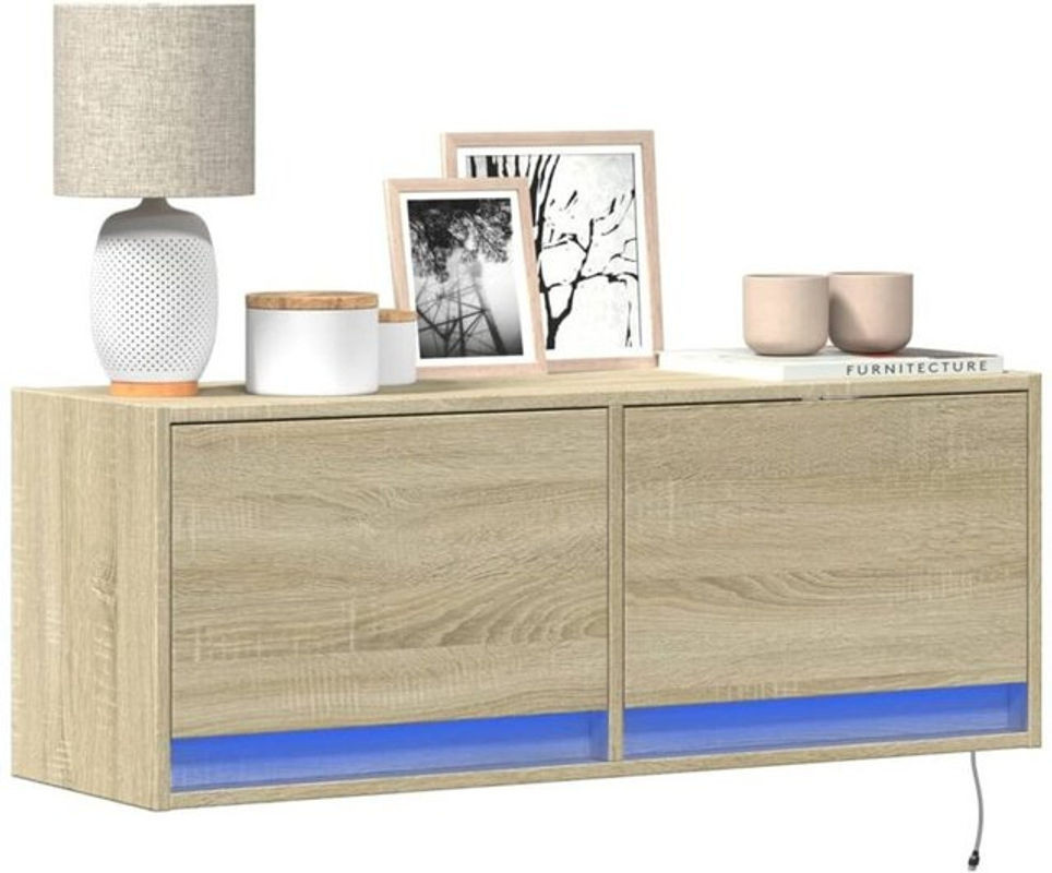 Vidaxl TV-Wandschrank mit LED-Beleuchtung in Eiche Natur, Modernes Design mit Schwebetüren, B/H/T: 100 x 35 x 35 cm - Bild 1