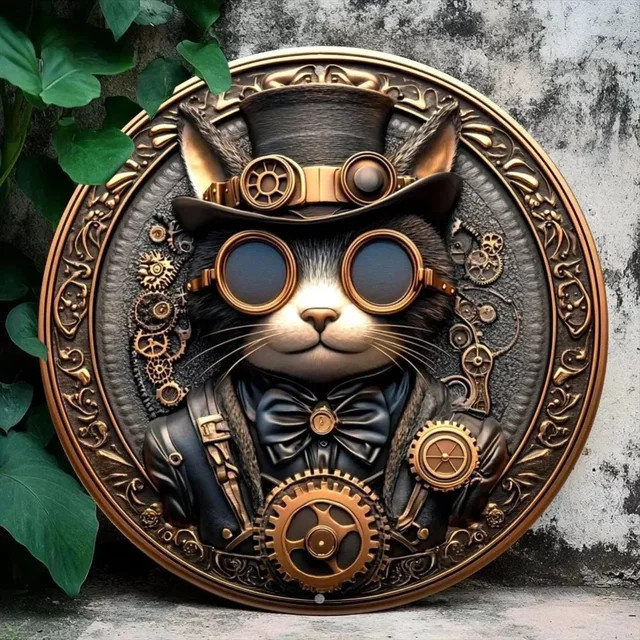 Steampunk-Katze Wandkunst aus Metall von Potdemiel, rundes Blechgemälde in Multicolour - Bild 1