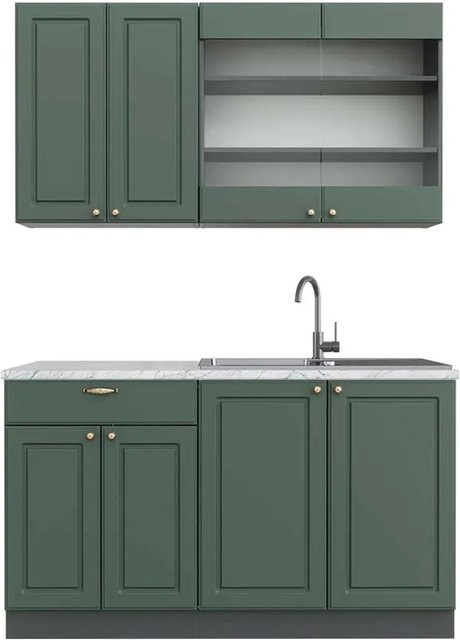 Vicco Fame-Line Küchenschrank im Landhausstil in Grün und Anthrazit mit Marmor-Optik, Breite: 140 cm - Bild 1
