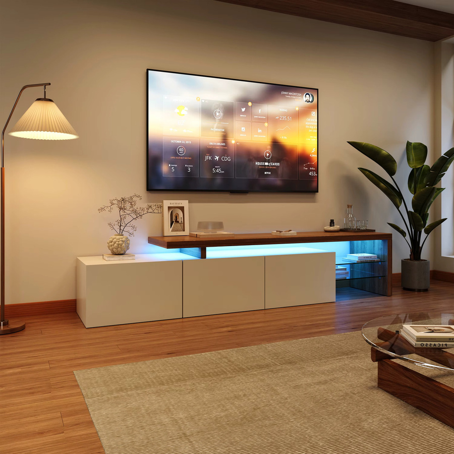Simurq TV-Lowboard in Weiß Hochglanz mit integrierter LED-Beleuchtung, 2 Glasablagen und 3 Schubladen für dein Wohnzimmer - Bild 3