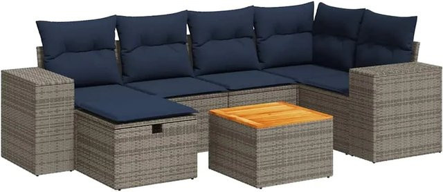 vidaXL 7-teilige Garten-Sofagarnitur in L-Form aus grauem Poly-Rattan mit UV-beständigen Kissen und pulverbeschichtetem Stahlgestell - Bild 1
