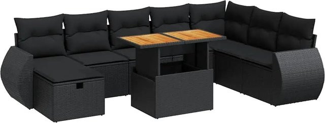 vidaXL 9-tlg. Garten-Sofagarnitur aus Polyrattan in Schwarz mit Kissen und Couchtisch im L-Shape Design - Bild 1