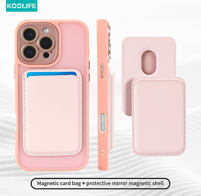 Koolife 2-teiliges Set für iPhone 11 bis 16 Pro Max: Magnetische Handyhülle mit Kartenhalter und Linsenfolie in Pink - Bild 1