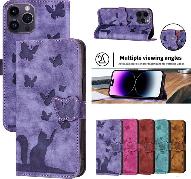Schmetterling Katze Leder Handyhülle mit Brieftaschenfunktion und Standfunktion für Xiaomi und POCO Modelle in Rot und Lila - Bild 1