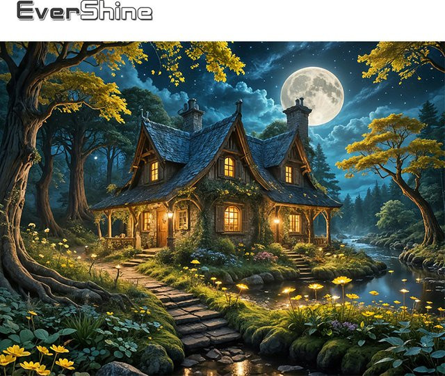 EverShine DIY Diamantmalerei Set 5D Landschaft mit Mond und Wald in Multicolour als Wanddeko mit Vollbohrer Rund-Steinen - Bild 1
