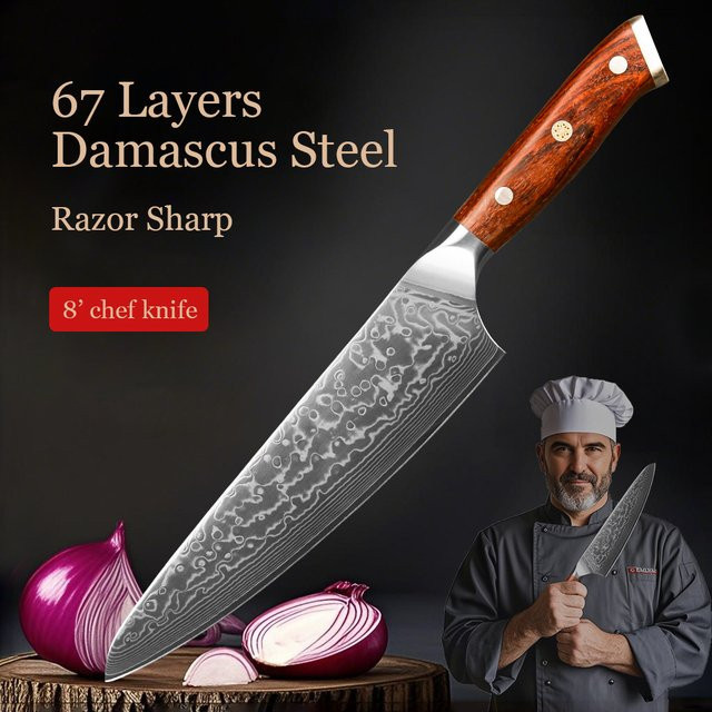Baovim Santoku-Kochmesser aus geschmiedetem Damaststahl und Edelstahl mit Palisandergriff in Silber und Braun - Bild 1