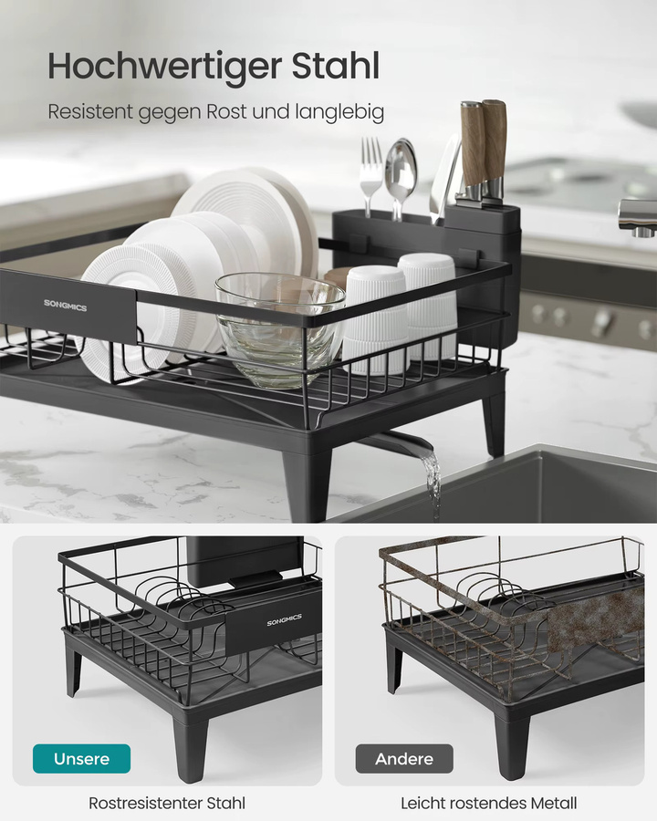 Songmics Abtropfgestell für Geschirr in Schwarz mit ausziehbarem Ablauf, Abtropfschale und Besteckhalter, B/T/H: 31 x 42 x 18,5 cm - Bild 2