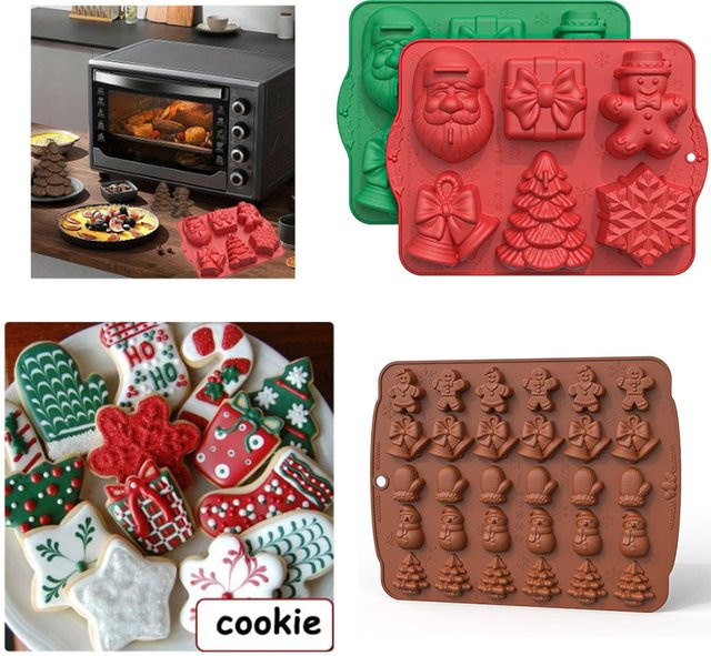 Silikon-Backformen-Set für Weihnachten mit Motiven wie Weihnachtsmann, Baum und Schneeflocke in den Farben Braun und Rot für Kekse, Schokolade und Candy DIY - Bild 1