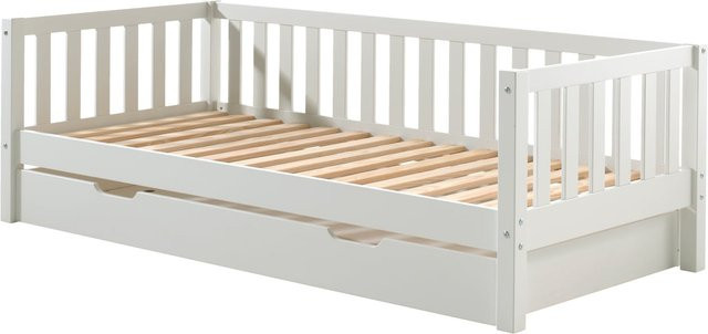 Kojen Bett Fritz von vipack aus Kiefer massiv, Weiß lackiert, mit Sprossenumrandung, Rolllattenrost und Bettschublade, Liegefläche B: 90 cm, L: 200 cm - Bild 1