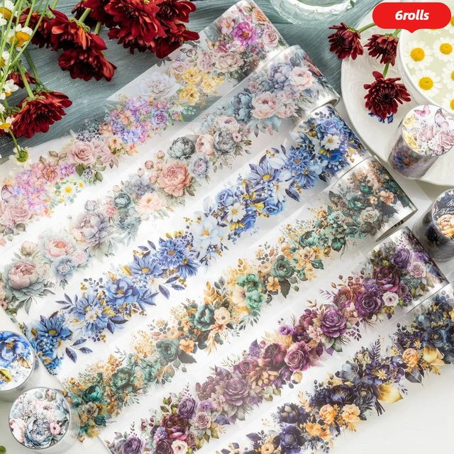 Journamm Washi Tape Set mit 6 Rollen Blumenmotiven für Junk Journal, Scrapbooking und DIY Collage, Multicolour - Bild 1