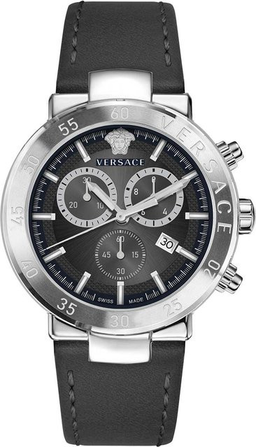 Versace Chronograph, Herren, Edelstahl, Leder, Schwarz, 44 mm, 5 ATM - Bild 1