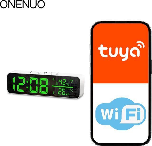 Tuya WiFi LED Spiegelwecker mit Temperatur- und Feuchtigkeitssensor, weiß, rechteckig, USB-Anschluss - Bild 1