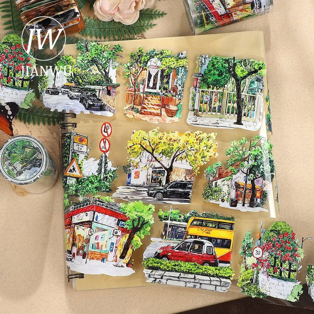 JIANWU PET Klebeband Vintage City Breath Plant Landscape für Scrapbooking und DIY Journaling, Mehrfarbig, Breite: 7 cm, Länge: 5 m - Bild 1