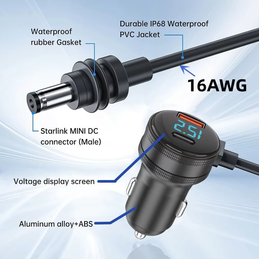 Starlink Mini Power Kabel mit 12-24V Zigarettenanzünder Adapter und USB-A sowie USB-C Port, Schwarz - Bild 3