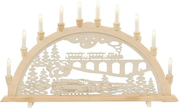 Dekohelden24 XXL Leuchterbogen Schwibbogen mit Eisenbahn-Motiv und Spitzkerzen, Farbe: Beige, B/H: 71 x 40 cm