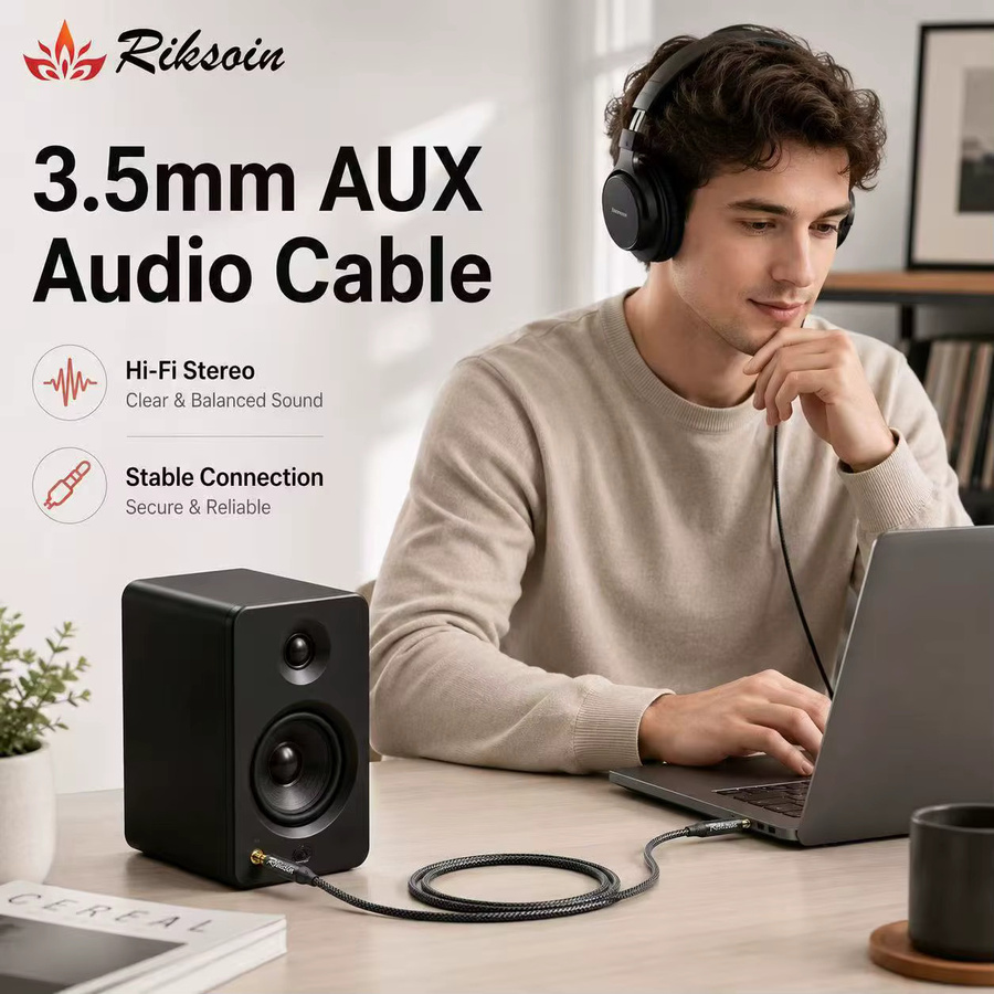 Riksoin AUX-Kabel 3,5mm auf 3,5mm Audiokabel Hi-Fi Stereo mit Nylon-Ummantelung in Schwarz - Bild 4