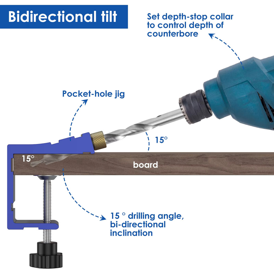 Toorise 47-teiliges Taschenloch-Jig Set in Blau mit verstellbarem Punch-Locator und 15 Grad Winkel für hochpräzises Bohren - Bild 4